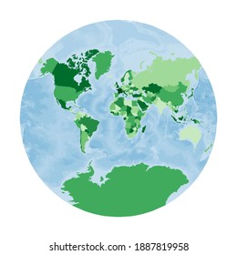 World Map. Van der Grinten projection. World in green colors with blue ocean. Vector illustration.