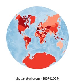 World Map. Van der Grinten II projection. World in red colors with blue ocean. Vector illustration.