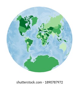 World Map. Van der Grinten II projection. World in green colors with blue ocean. Vector illustration.