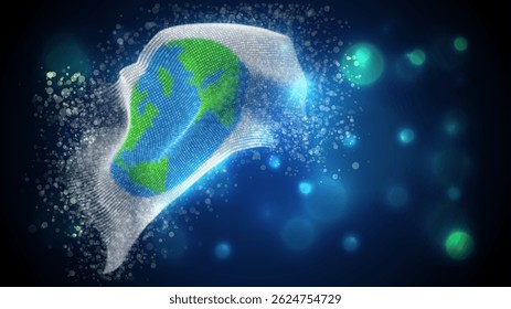 World map, vector 3d flag with lighting and flares