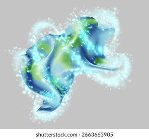 World map, vector 3d flag in whirlwind of magical radiance