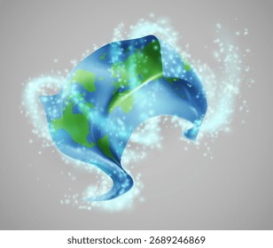 World map, vector 3d flag in whirlwind of magical radiance