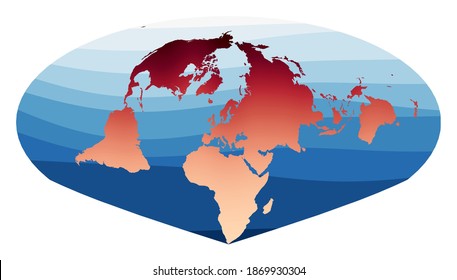 World Map Vector. Allen K. Philbrick's Sinu-Mollweide projection. World in red orange gradient on deep blue ocean waves. Amazing vector illustration.