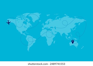 World map vector background with  Airplane, dotted lines, and location icons, Around the world via aircraft travel concept