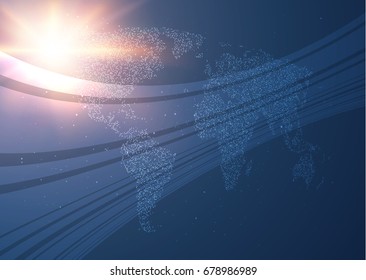 World map vector background with transparent lines and sun burst. EPS10.