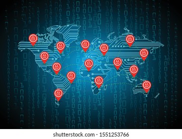 world map vector, binary circuit board future technology, blue cyber security concept background, abstract hi speed digital internet. 