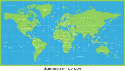 World Map Vector Blue Green. High detailed illustration of worldmap