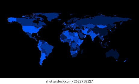 World map vector with blue isolated on black background. Modern vector world map. Silhouette map vector illustration.