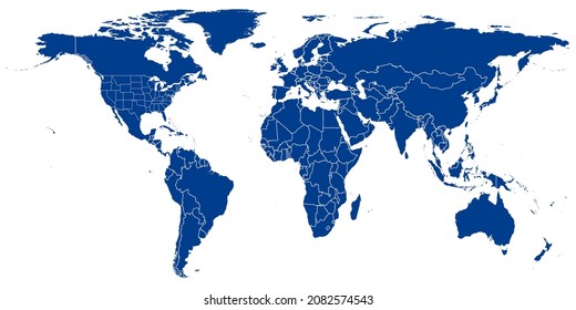 World Map vector. Blue  similar world map blank vector on white background.  Blue similar world map with borders of all countries and States of USA map.   EPS10.