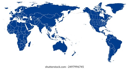 World Map vector. Blue similar world map blank vector on white background.  Blue similar world map with borders of all countries and States of USA map, and  Provinces and territories of Canada. 
