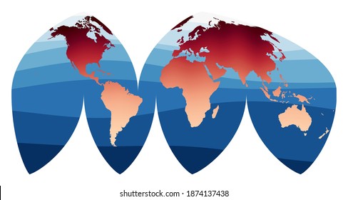 Vector de Mapa Mundial. La proyección eumórfica interrumpida de Bogg. Mundo en degradado rojo anaranjado sobre olas oceánicas profundas azules. Hermosa ilustración vectorial.