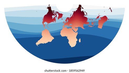 World Map Vector. Conic equidistant projection. World in red-orange gradient on deep blue ocean waves. Radiant vector illustration.