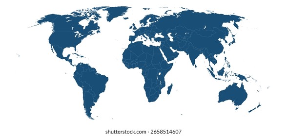 Vector del mapa mundial con las fronteras de los países. Relleno azul sobre fondo blanco. Mapa global de alta calidad para infografías, presentaciones o proyectos geográficos.