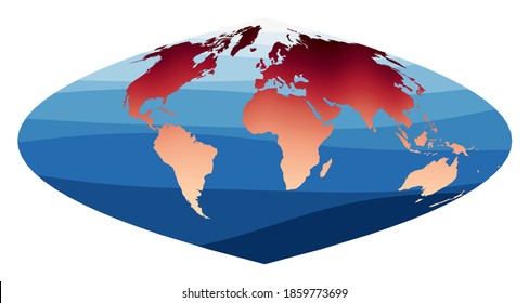 World Map Vector. Craster parabolic projection. World in red-orange gradient on deep blue ocean waves. Superb vector illustration.