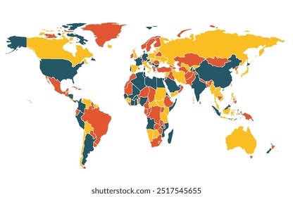 World map vector design with no text. Each continent is distinct in vibrant, solid colors.international,sign,art,region,city,contour,nation,infographic,political,concept,outline.