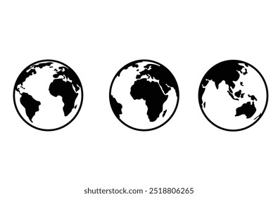 world map vector design set, world map outline vector, minimalist world map illustration. Globe icon in black linear style.