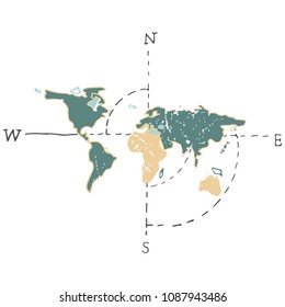 World map vector drawing illustration color earth maps green yellow cartographer on white background