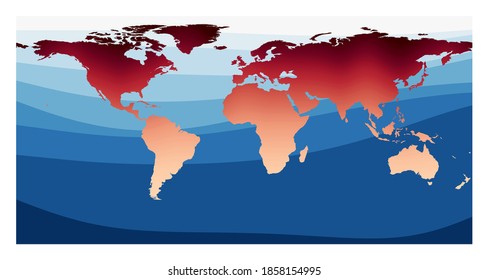 World Map Vector. Equirectangular (plate carree) projection. World in red orange gradient on deep blue ocean waves. Beautiful vector illustration. svg