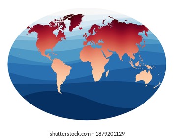 World map vector in Fahey pseudocylindrical projection. The world is rendered in a red-orange gradient on deep blue ocean waves. Captivating vector illustration.