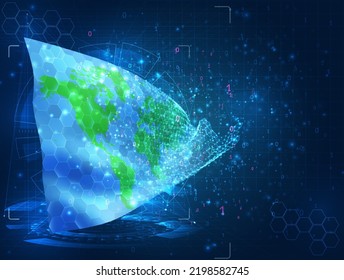 World map,  vector flag, virtual abstract 3D object from triangular polygons on a blue background