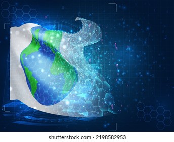 World map,  vector flag, virtual abstract 3D object from triangular polygons on a blue background