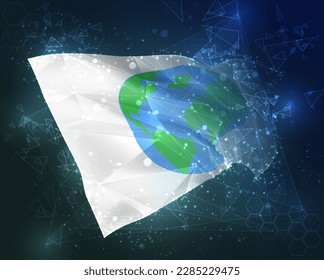 World map,  vector flag, virtual abstract 3D object from triangular polygons on a blue background