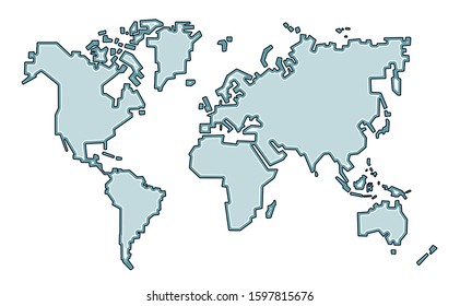 World map. Vector. Flat cartoons in a rough style. Inaccurate. It looks like continents of ice or stone parts of the world. A peculiar archaic diagram of the structure of the world. Isolated