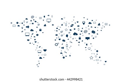 World map vector flat info graphics with social media icons

