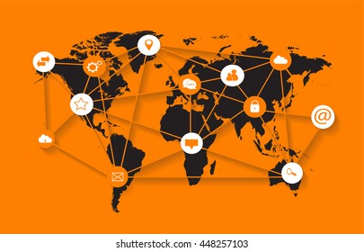 World map vector flat orange info graphics with social media icons