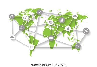 World map vector flat white info graphics with social media icons

