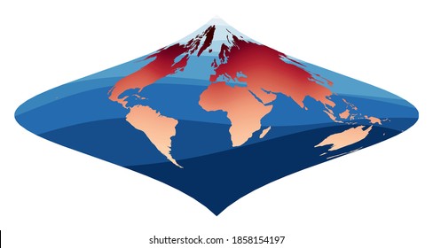 World Map Vector. Foucaut's stereographic equivalent projection. World in red orange gradient on deep blue ocean waves. Charming vector illustration.