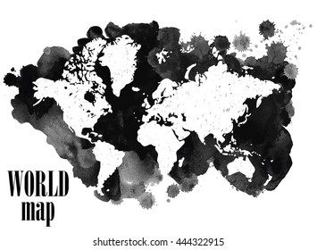 World map. Vector freehand drawing on a background of ink spots . Continents . America, Africa , Australia , Evroppe .