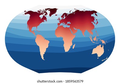 World Map Vector. Ginzburg V projection. World in red-orange gradient on deep blue ocean waves. Modern vector illustration.