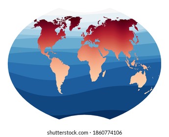 World Map Vector. Ginzburg VI projection. World in red-orange gradient on deep blue ocean waves. Neat vector illustration.