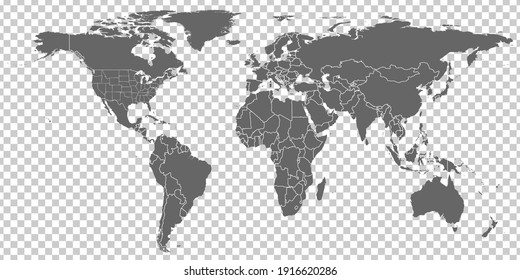 World Map vector. Gray similar world map blank vector on transparent background.  Gray similar world map with borders of all countries and States of USA map.  Eps 10
