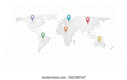 World map vector with grid background and pin by continent, paper design for background of infographic, web design, annual report or travel background template with reflex shadow