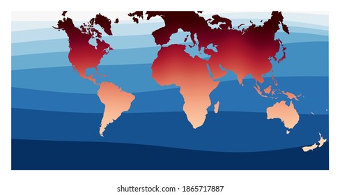Vector de Mapa Mundial. Proyección del hemisferio Guyou en cuadrado. Mundo en degradado rojo anaranjado sobre olas oceánicas profundas azules. Ilustración vectorial vibrante.