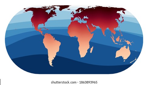 World Map Vector. Herbert Hufnagel's pseudocylindrical equal-area projection. World in red orange gradient on deep blue ocean waves. Authentic vector illustration.