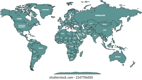 World map vector high detail countries capitals romanian language illustrator continents oceans islands high quality for laser poliwood and oracal