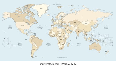 World map vector high detailed illustration with names of countries, oceans, main seas and lakes. Soft beige color palette