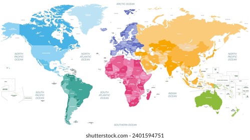 World map vector high detailed illustration with names of countries, oceans, main seas and lakes. Countries colored by continents