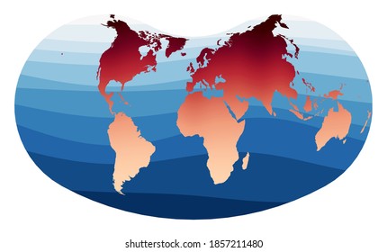 World Map Vector. Hill eucyclic projection. World in red-orange gradient on deep blue ocean waves. Astonishing vector illustration.