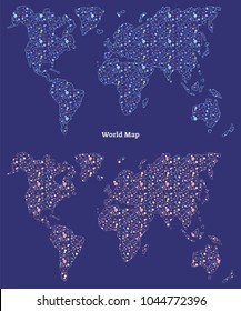 World map vector illustration, global connection concept with dots and lines. Dark color background. 