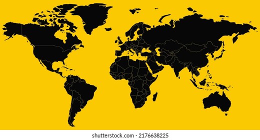 World map vector illustration icon isolated in yellow colored background, black pattern silhouette design abstract. Can be used for print, web banner, wallpaper and digital purposes.