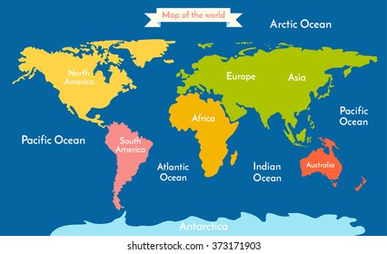 World map. Vector illustration with the inscription of the oceans and continents. Continents different colors.