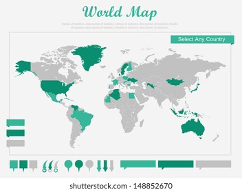 World map vector. Illustration of the world map isolated on blue background. Image include world map and various of different shapes of pins and pointers. World map separated to the countries.