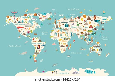 World map vector illustration. Landmarks, sight and animals hand draw icon. World vector poster for children, cute illustrated. Travel concept card
