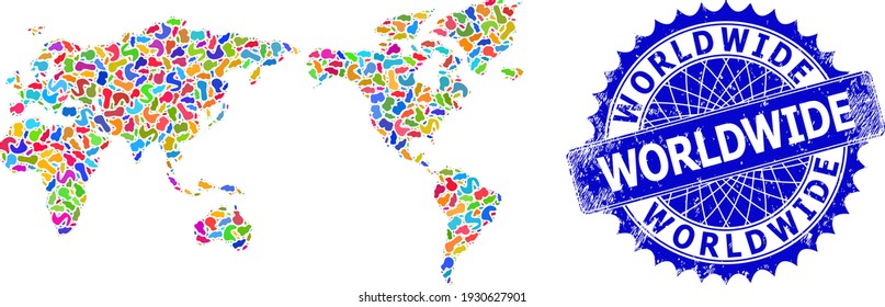 World map vector image. Spot pattern and rubber stamp seal for world map. Sharp rosette blue stamp seal with text for world map. Mosaic vector world map is composed of scattered bright spots.