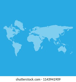 World map vector isolated on blue background. Flat Earth template for web site pattern, cover, anual report, inphographics. Globe worldmap icon. Travel country silhouette backdrop