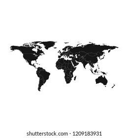 World map vector isolated on white background. Flat Earth black similar template for web site pattern, cover, anual report, inphographics. Globe worldmap icon. Travel country silhouette backdrop.